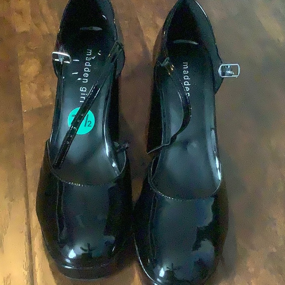 Madden Girl Black Olivia Mary Jane Patent Platform Heel Shoes with Silver Buckle